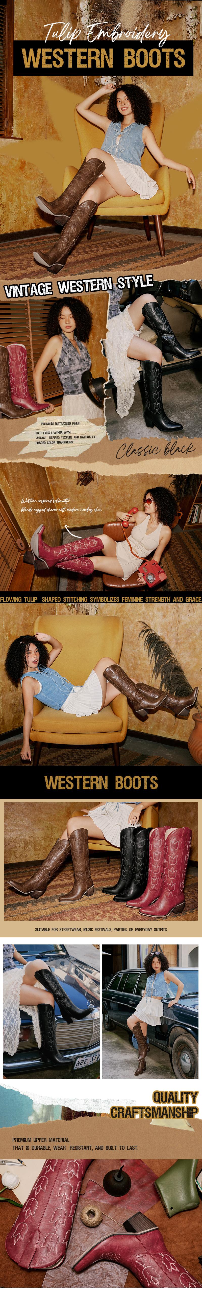 WETKISS Tulip Embroidered Western Knee High Boots,Premium Durable Upper, 2.72in Block Heel,Retro Red/Brown/Black,All-Season Comfort for Women,Casual Style ,Women's Shoes,Women's Boots  #TikTokShopHolidayHaul