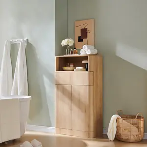 LINGMU Modern Bathroom Floor Cabinet Natural Oak with 2 Doors Adjustable Shelves Handleless Drawer & Open Shelf Silent Operation Soft-Close Hinge