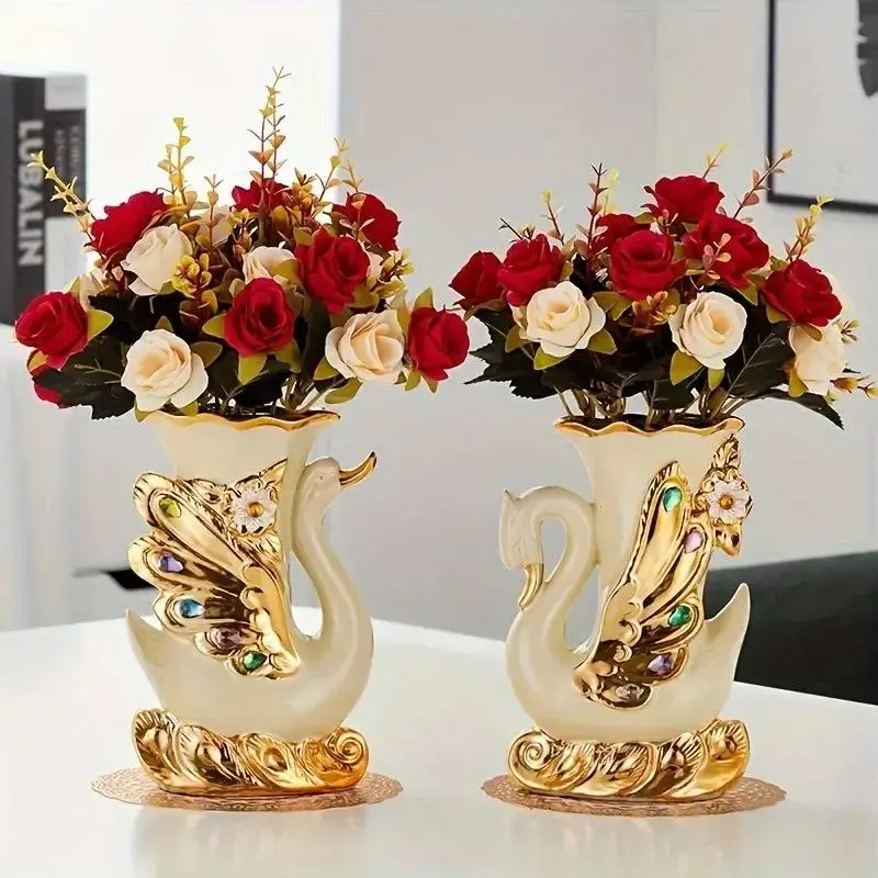 2Pcs Modern Ceramic Swan Vase, Decorative Flower Vase for Living Room, Dining Table, Bedroom, Home Decor for Christmas, Ideal for Fake Plants, Flowers, Rose Petals arrangement