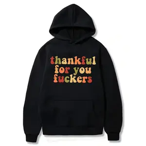 Women's Thankful For You Fuckers Hoodie Multicolor Autumn Leaves Print Thanksgiving Day Gift,Fashionable Autumn Round Neck Short-Sleeved Top,Perfect For Birthdays, Halloween, Thanksgiving, Christmas