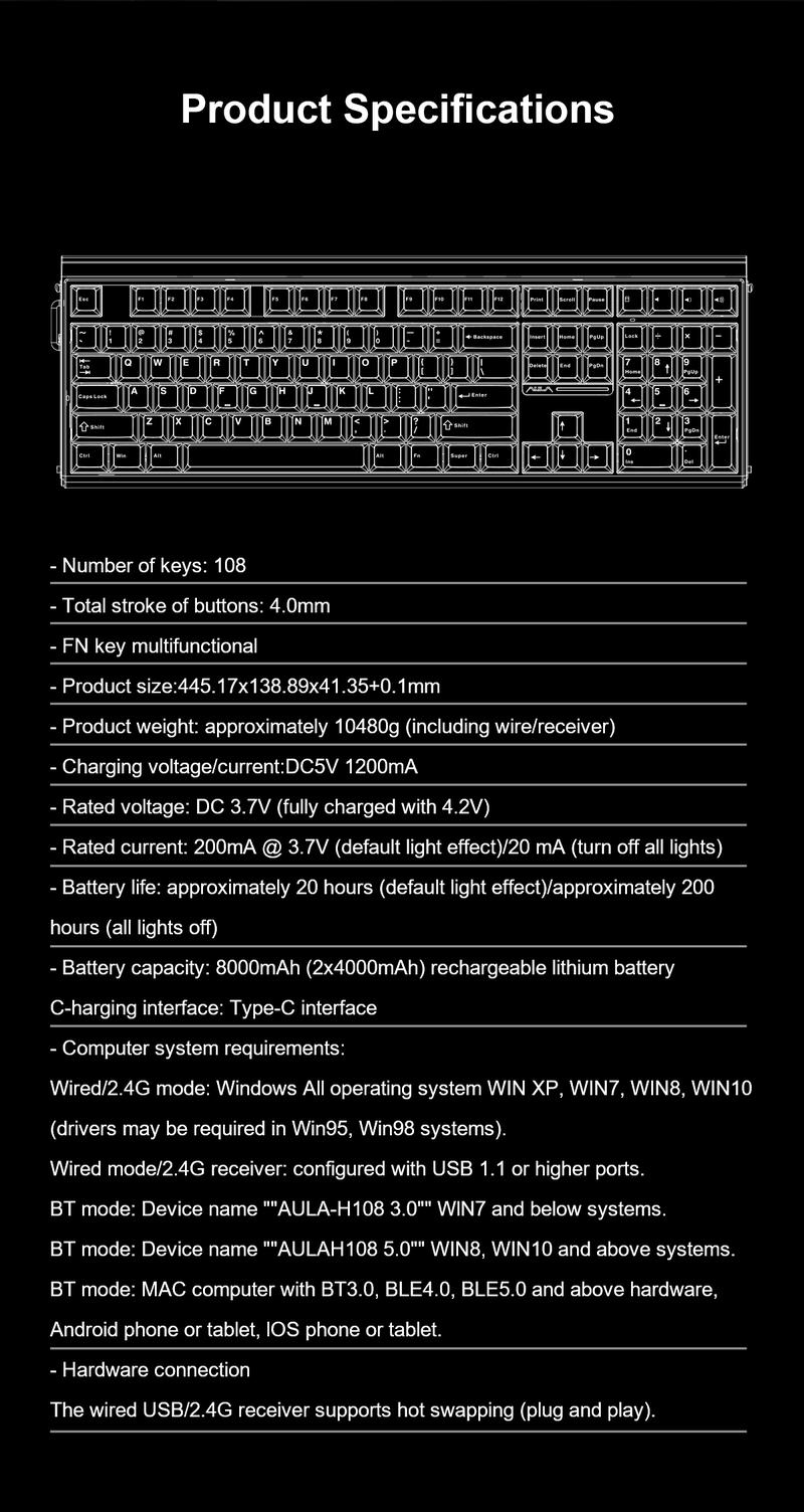 AULA H108 Full-Size Silent Mechanical Keyboard Tri-Mode Bluetooth 2.4G Wireless Silent Feather Switches RGB Backlight Black White Purple Computer Office Keyboards