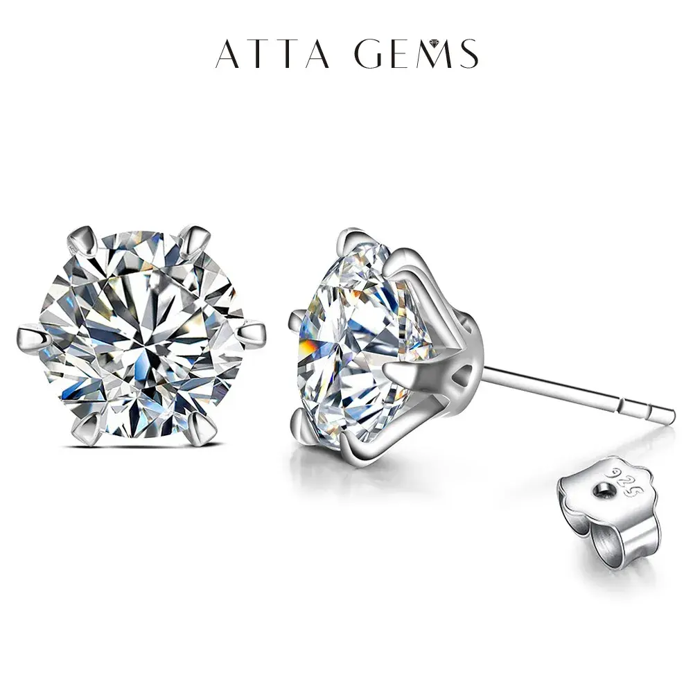 ATTAGEMS 6-Prong Synthetic Moissanite Stud Earrings for Women, 0.5Ct-3Ct D Color VVS1 Solitaire Fine Jewelry E009, Minimalist Earrings, Earring For Women summerwins