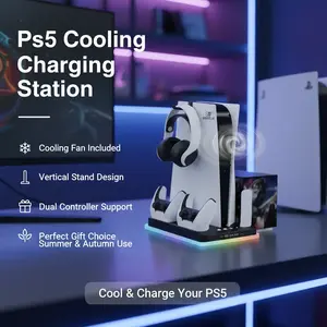 The charging base cooling stand for double PS5 controllers, a vertical - stand cooling fan for game controllers which can be a gift for summer and autumn, a PS5 accessory,  a cooling and charging station with a mini - fan, and a controller accessory.