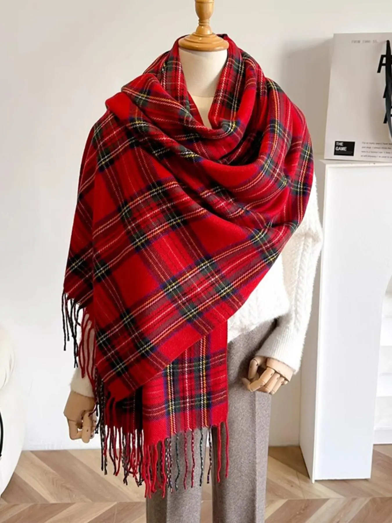 Women's Tartan  Pattern Tassel Decor Scarf, Checkered Scarf, Tassel Decor Shawl, Shawl for Dress, Casual Soft Warm Classic Scarf for Fall & Winter, Fashion Accessories for Women & Girls, Fashion Shawl Wrap, Decorative Scarf
