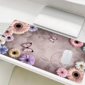 Floral & Butterfly  Pattern Desk Mat, Rectangle Gaming Desk Mat, Non-Slip Rubber Base Stitched Edge Desk Pad for Desk Laptop Desktop, Desk  Poccessories
