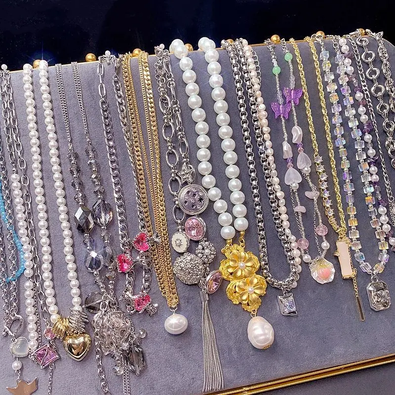 Women's 4-Piece Random Assorted Necklace Layering Sets - Mixed Pearl-Look, Beaded Chains, Charm Pendants, Crystal Look Details (Butterfly, Heart, Flower) for Daily Wear, Party Gifts, 4-Pieces