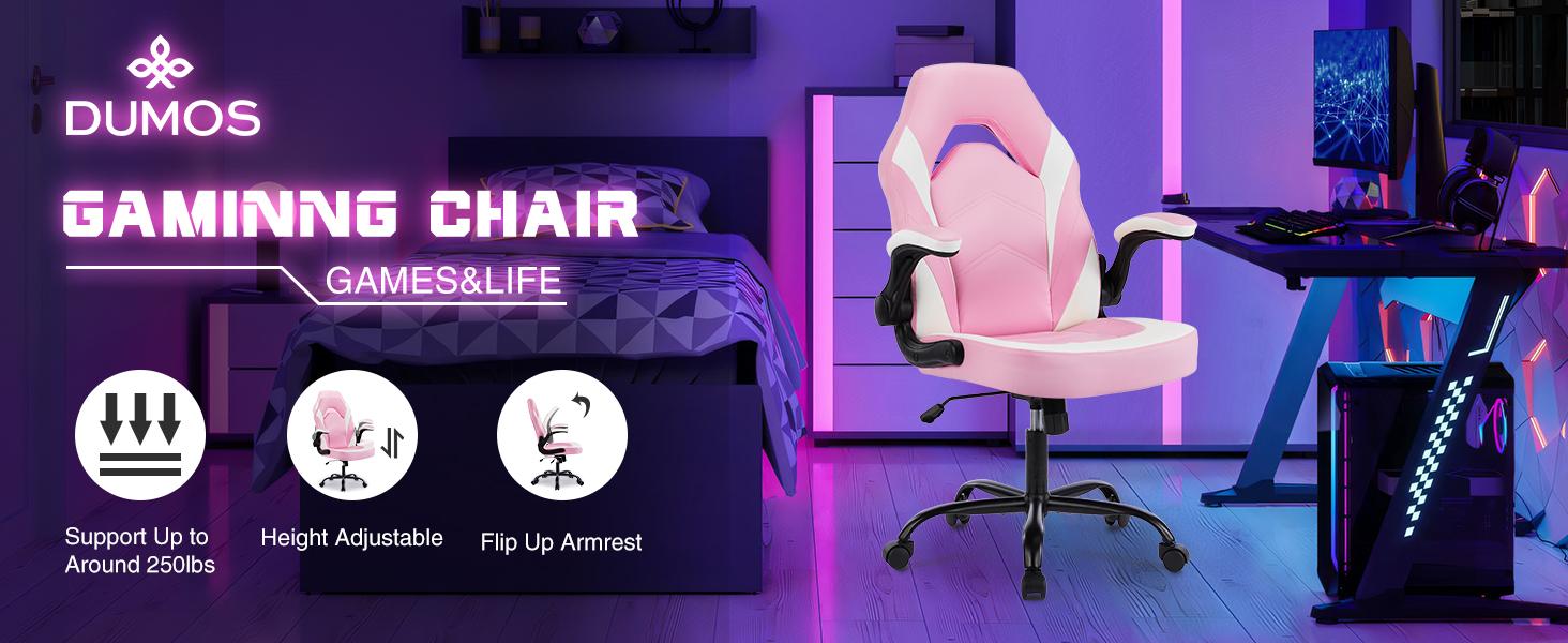 Gaming Chair, Office Chair High Back Computer Chair with PU Leather and Flip-up Armrest, Adjustable Swivel
