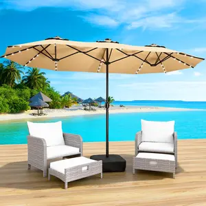 15FT Large Patio Patio Umbrella with Base & Solar LED Lights - Double-Sided,Kahaki Double Sided Patio Umbrellas - 15ft Solar Lights LED Lighted Outdoor Extra Large Market Table Umbrella with Base Included, Oversized Umbrella for Deck, Pool