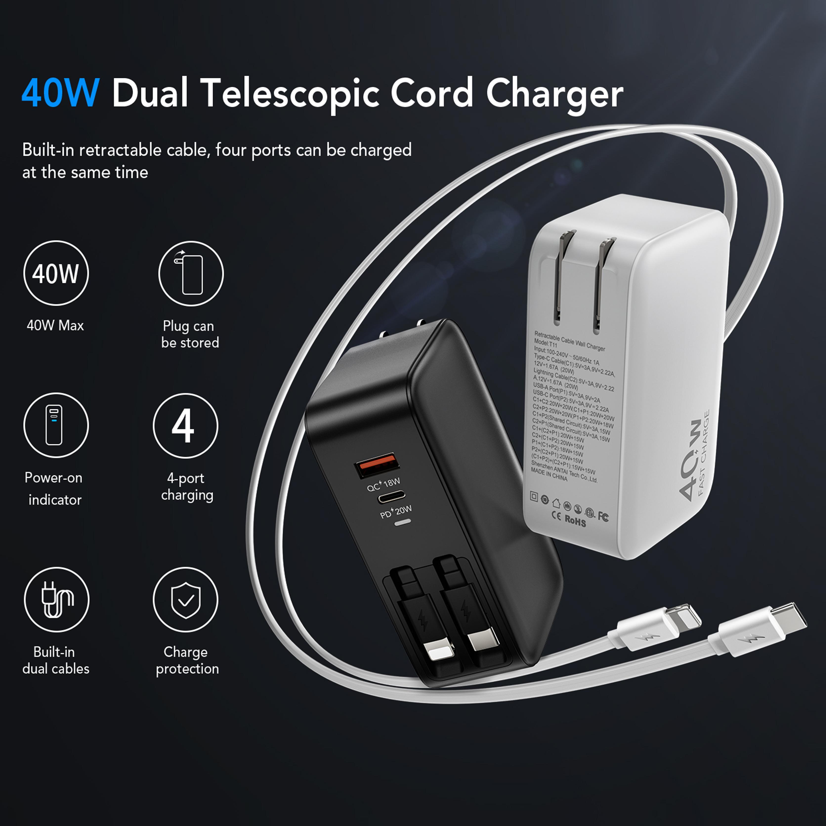 4-in-1 Retractable Gan Wall Charger Plug for iPhone 17 USB C,Travel Essentials Brick Multiport,3ft Lightening+ Type C Cables,40W Fast Charging Foldable Block for iPhone 17 Pro/16/15/14/13,iPad,Galaxy