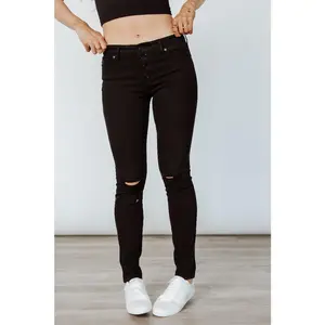 Ampersand 426 Denim High Rise Black Jeans with Distressed Knees & 5 Button Fly Classic 5 Pocket Styling Medium Stretch Denim