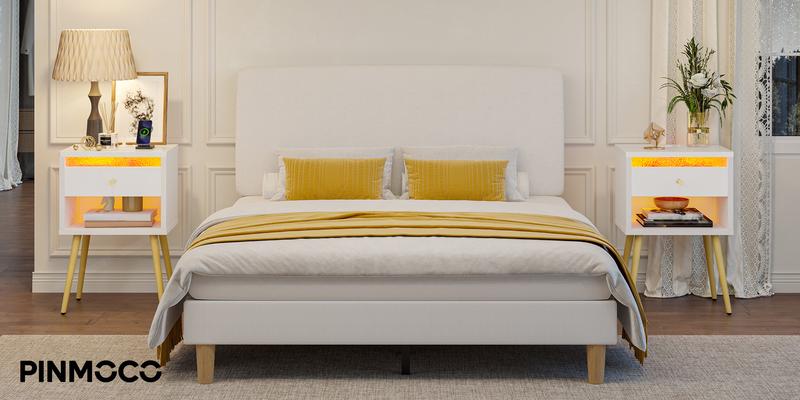 Pinmoco Set of 2 LED Nightstand with Charging Station, Modern Bedside Table with Drawer and Open Storage for Bedroom