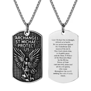 Archangel Saint Michael Necklace: Stainless Steel St. Michael Dog Tag Pendant with Prayer Necklaces Catholic Religious Protection Amulet Christian Faith Jewelry for Men