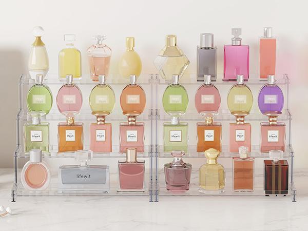 Lifewit 12 Inch 4 Tier Black Display Stand with Decorative Fences for Cologne, Fragrance, Figures, Cupcakes & Perfumes, Versatile Storage for Vanity