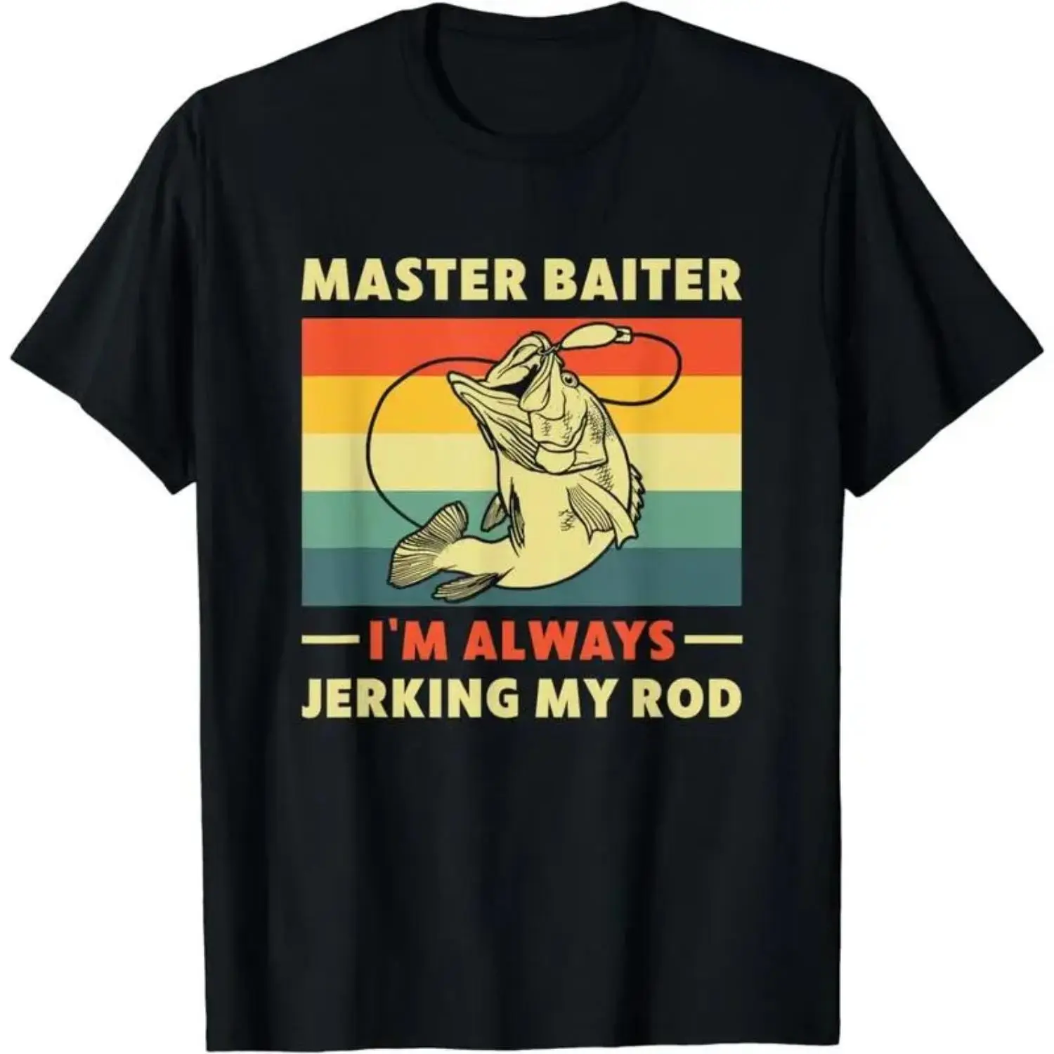 Cotton Short Sleeve Funny Bass Fishing T Shirt for Men and Women Casual Streetwear Graphic Tee with "I'm a Master Baiter Always Jerking My Rod" Design Black Top
