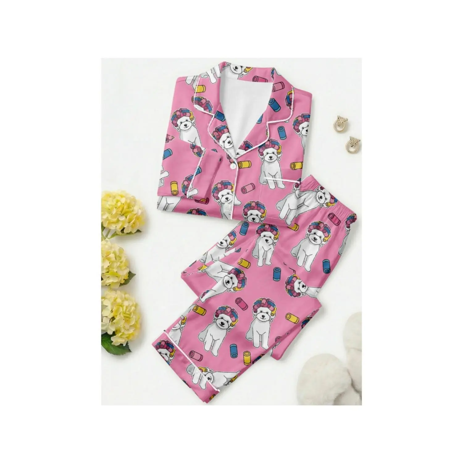 Women's Pink Cartoon Bear Pajama Set - Long-Sleeve Collared Button-Up Top & Fitted Pants - Cute & Casual Loungewear, Sizes S-XXL