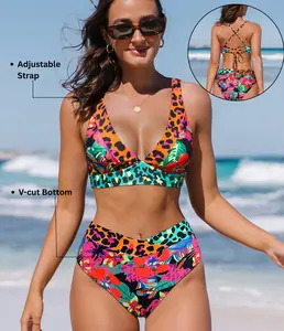 Popvil High Waisted Neon Leopard Print Bikini Set, V-cut Bikini Bottom, Adjustable Strap Big Triangle Cup Swimsuit Women, Neon Bathing Suit