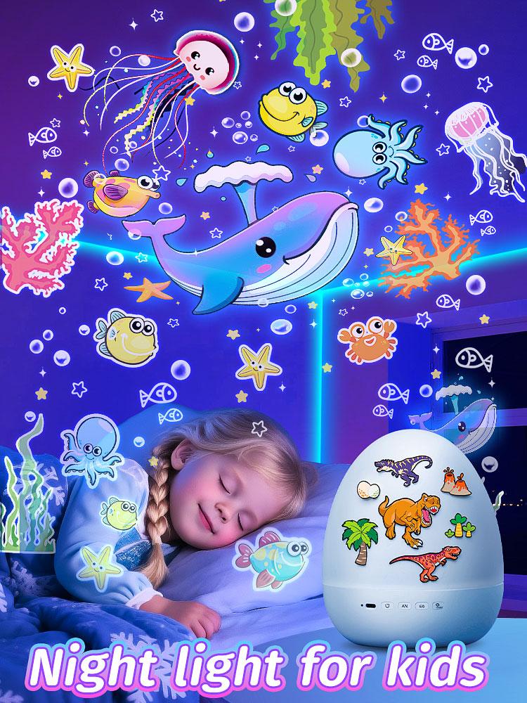 Onefire Night Light for Kids with 15 Films & 15 White Noises Remote kids cartoon projector lamp princess room decor unicorn night light toddler night light egg light for nursery Baby sound machine dinosaur toys Christmas Gifts for Kids Ages 1-8