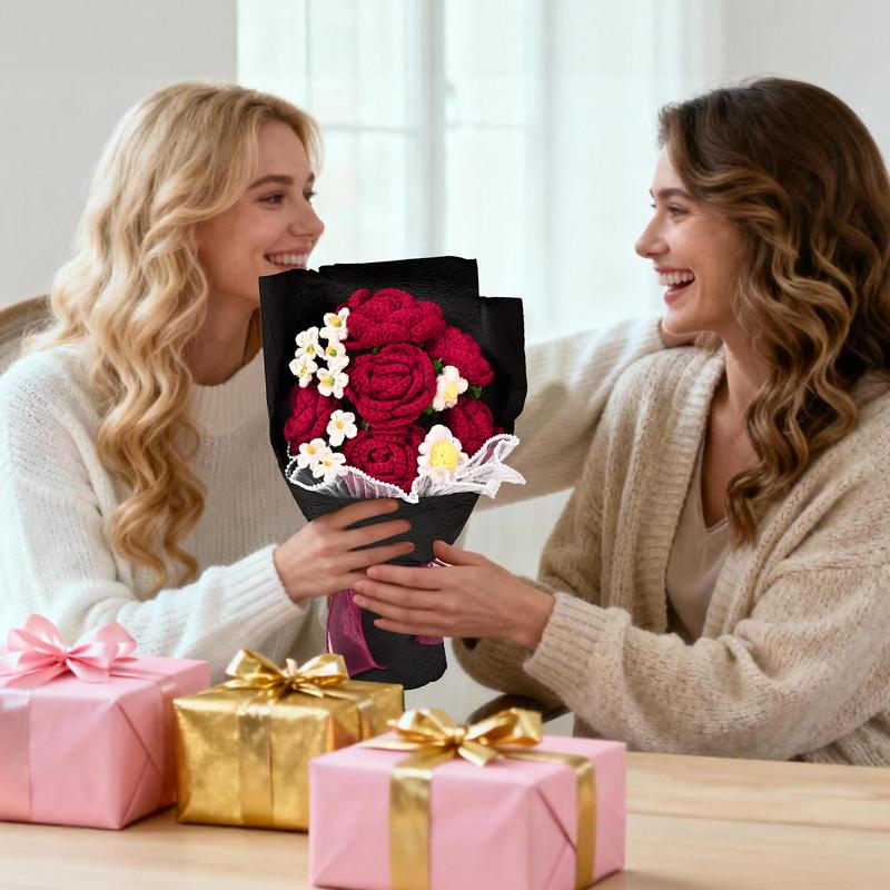 Valentine's Day Crochet Flower Bouquet Red Rose, Handmade Knitted Flowers for Valentine Home Decor, Birthday, Wedding, Anniversary, Graduation Gift for Her, Girlfriend, Wife, Women