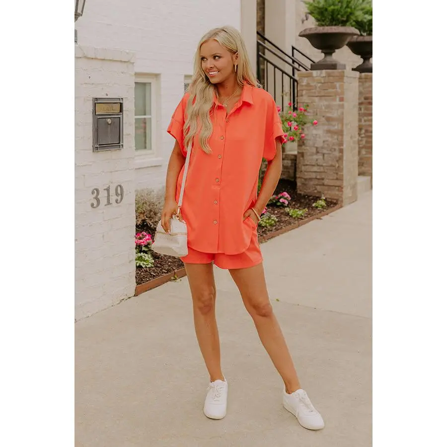 Carefree Charm Button Down Romper In Coral