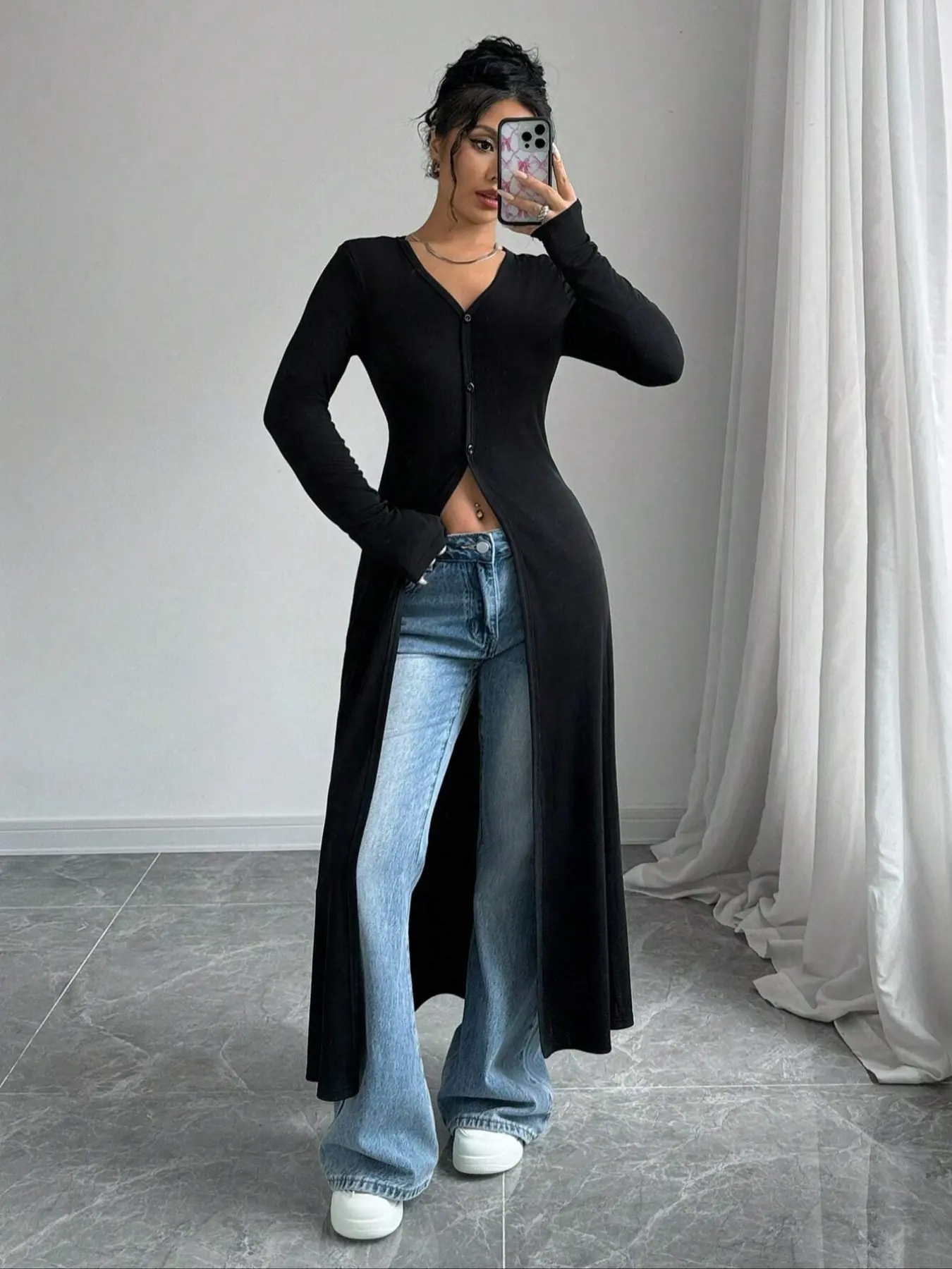 Women's Long Knit Cardigan Sweater Knitwear, Long Sleeve V Neck Button Front Slim Fit Top, Elastic Drape Fabric High Waist, Casual Commute Streetwear Womenswear