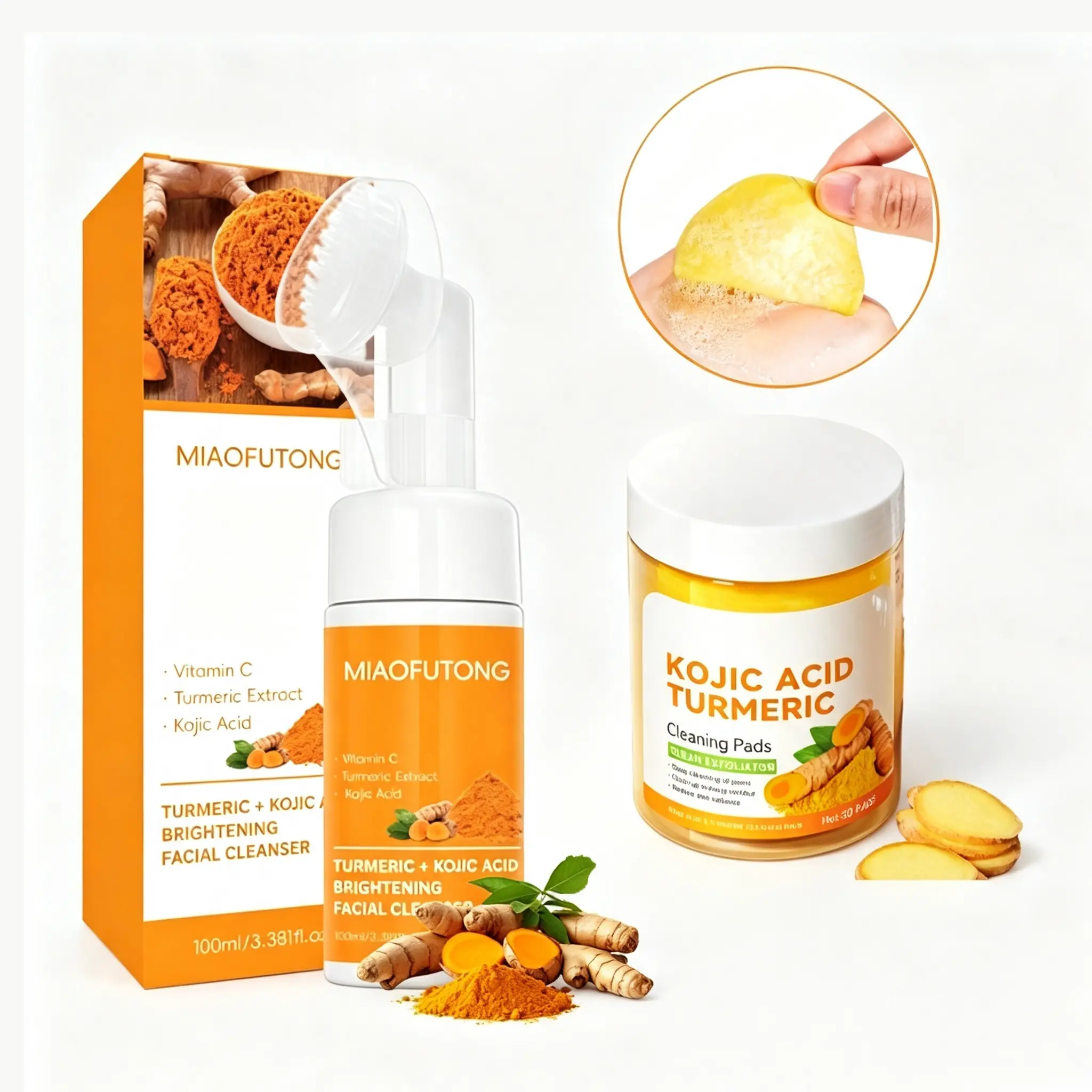 Turmeric Wash and Care two PieceSetTurmericCleansing Mousse & Kojic Acid Turmeric Cleansing Pads, Deep Skin Cleansing Facial Wash Daily Face Cleanser