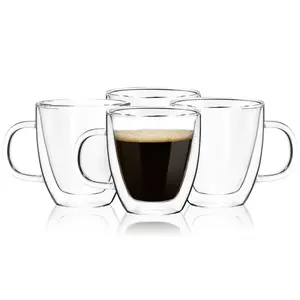 5oz Espresso Cups Set of 4, Small Double Wall Hand Blown Coffee Shots Glass, Expresso Mugs,Tazas de Cafe Expreso, Perfect For Espresso Latte Cappuccinos Tea Bag Juice Drinkware