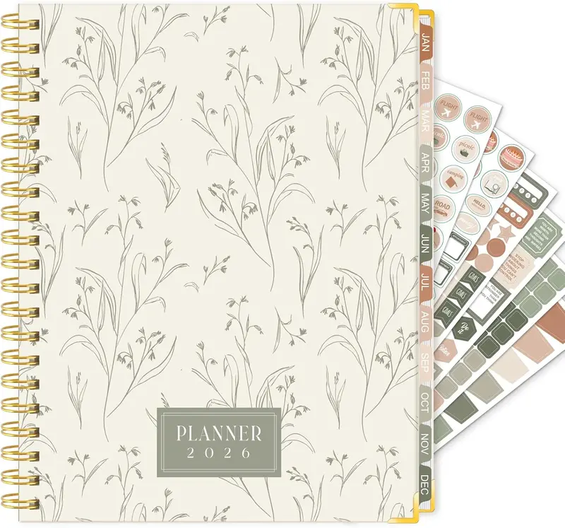 2026 Planner, Weekly and Monthly Planner from January 2026-December 2026, 8.4"x 6.1" Aesthetic Greenery Agenda Book with Back Pocket, Stickers, Coated Tabs, A5 Size