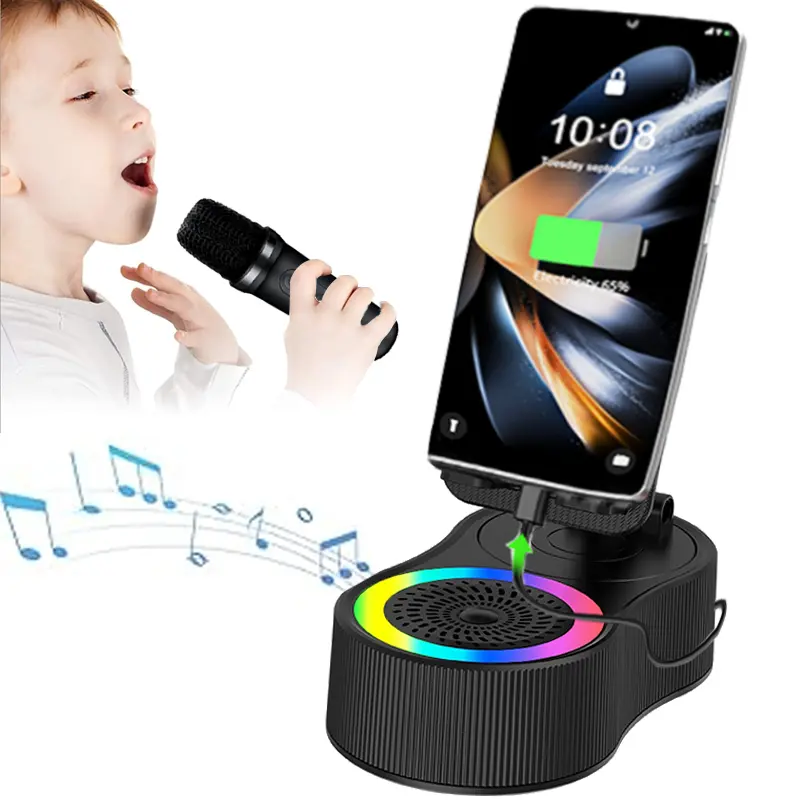 6-in-1 Portable Wireless Karaoke Speaker Phone Holder & Charger Stand with Dual Microphones, LED Lights, Type-C Fast Charging, ABS Material, Bluetooth 5.3, FM, HD Bass, Audio Function, USB Support, Karaoke Mode (Phone Holders & Mounts), Speaker And Charge