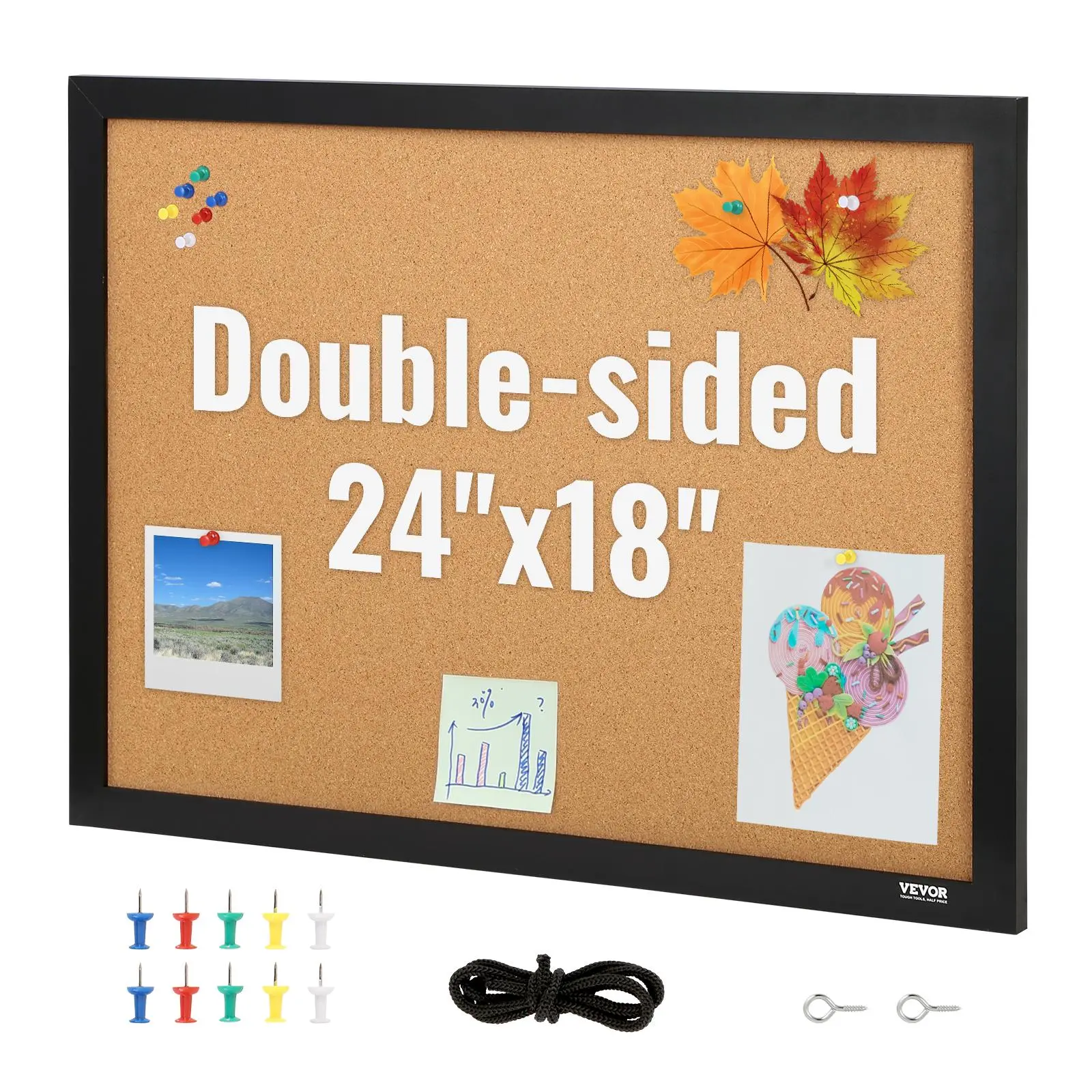 【Backtoschool】VEVOR Cork Board, 24 x 18 inches, Double-sided Bulletin Board with MDF Sticker Frame, Vision Board Includes 10 Pushpins, for Display and Decoration in Office Home and School