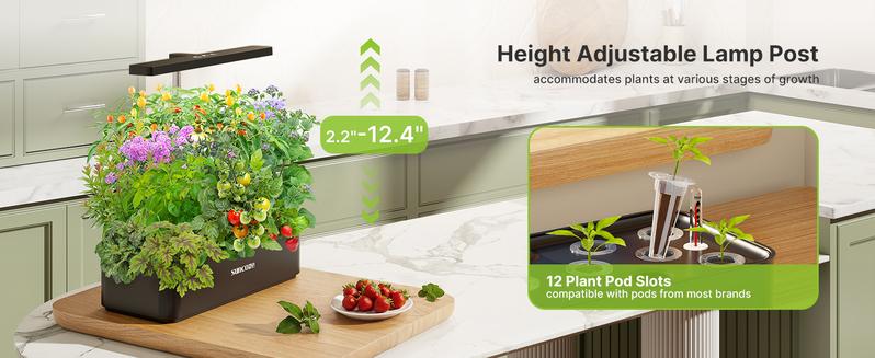 【Deal For You Days】SUNCOZE Hydroponics Growing System Kit 12 Pods, 24W LED Grow Light Indoor Garden, 4L Water Tank with Quiet Pump, Adjustable Height Herb Garden Planter Indoor Kit, Gardening Gifts