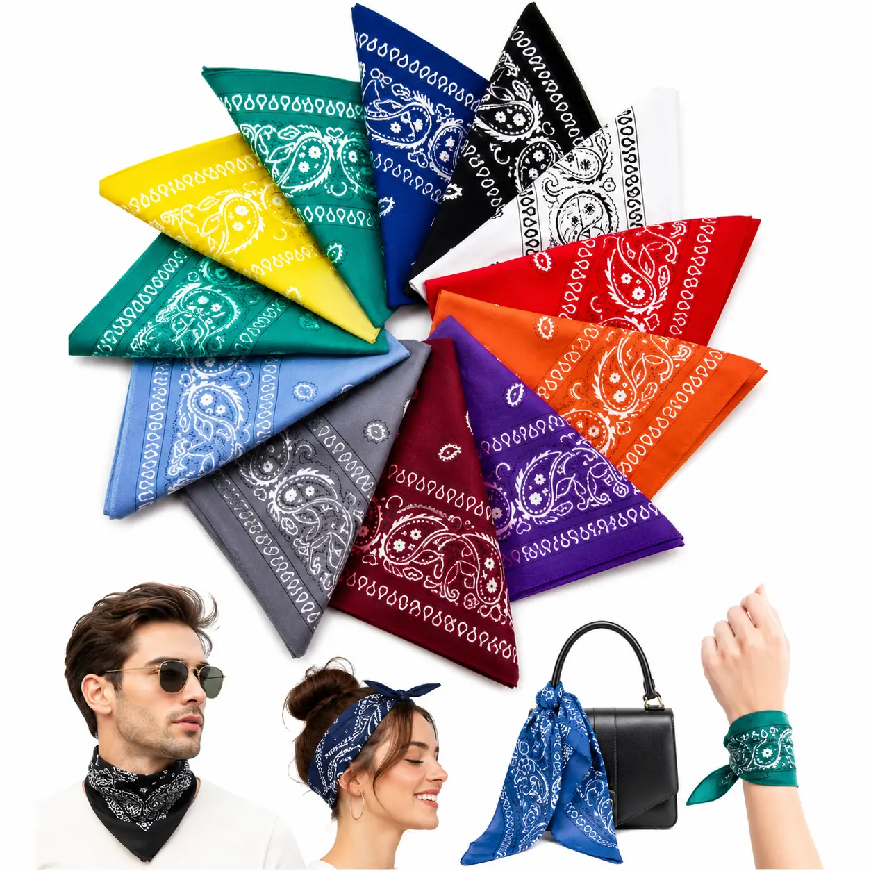 Unisex 12-Pack 100% Cotton Soft Vintage Paisley Print Scarves (22 inches/55x55 cm), Square Headscarf Handkerchiefs for Parties & Outdoor Use, Eco-Friendly Casual Multi-Use Head Wraps, Paisley Print Scarf