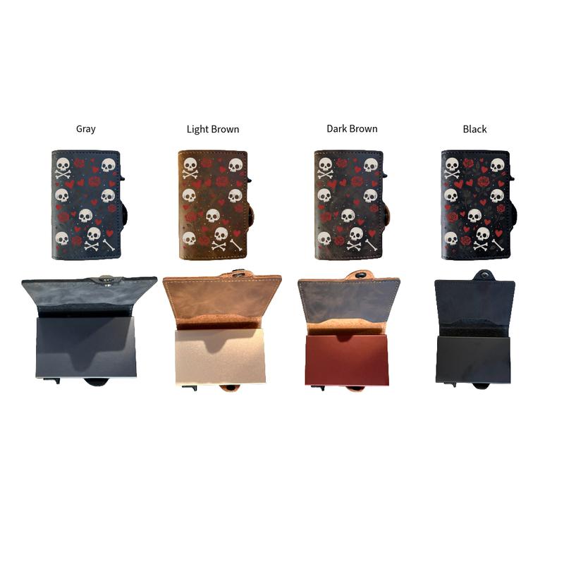 Skulls and Roses PU Leather Wallet Gothic Black Bifold with Hearts Skulls & Red Roses Alt Punk Aesthetic Gift for Him/Her RFID Blocking Design