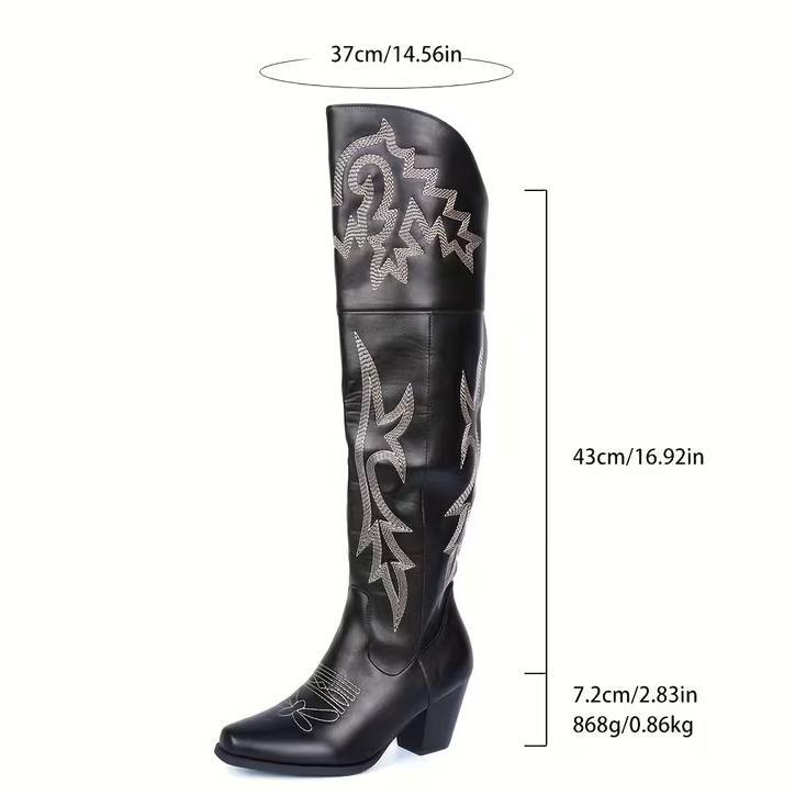 Knee High Tall Cowboy Boots Women Vintage Embroidered Pointed Platform Over the Knee Cowgirl Boots Fashion Square Toe Chunky Heel Western Over-The-Knee Vacation Boots