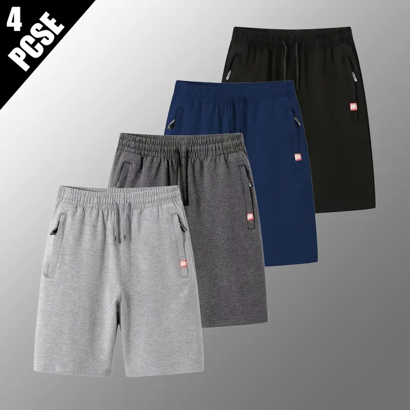 Men’s casual shorts, elastic drawstring waistband, side zippered pockets, lightweight breathable fabric, loose fit Summer Outdoor Bottoms