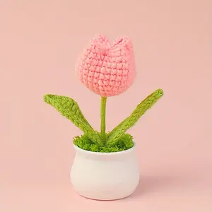 [Crochet Tulip Pot] 1pc Miniature Crochet Tulip Flower Pot Decoration, 5.31inX2.28in - Handmade Fabric Artificial Plant for Home, Office, or Garden Decor, Includes White Pot, Perfect for Spring Display and Gifts,Festival gift