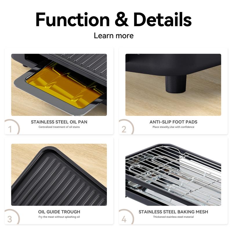 Electric Indoor Grill 1500W -2 in 1 Smokeless Indoor Grill for Kitchen with Non-stick Removable Grill & Griddle Plate,Temperature Control Korean BBQ Grill with 3 Cheese Pans Dishwasher Safe