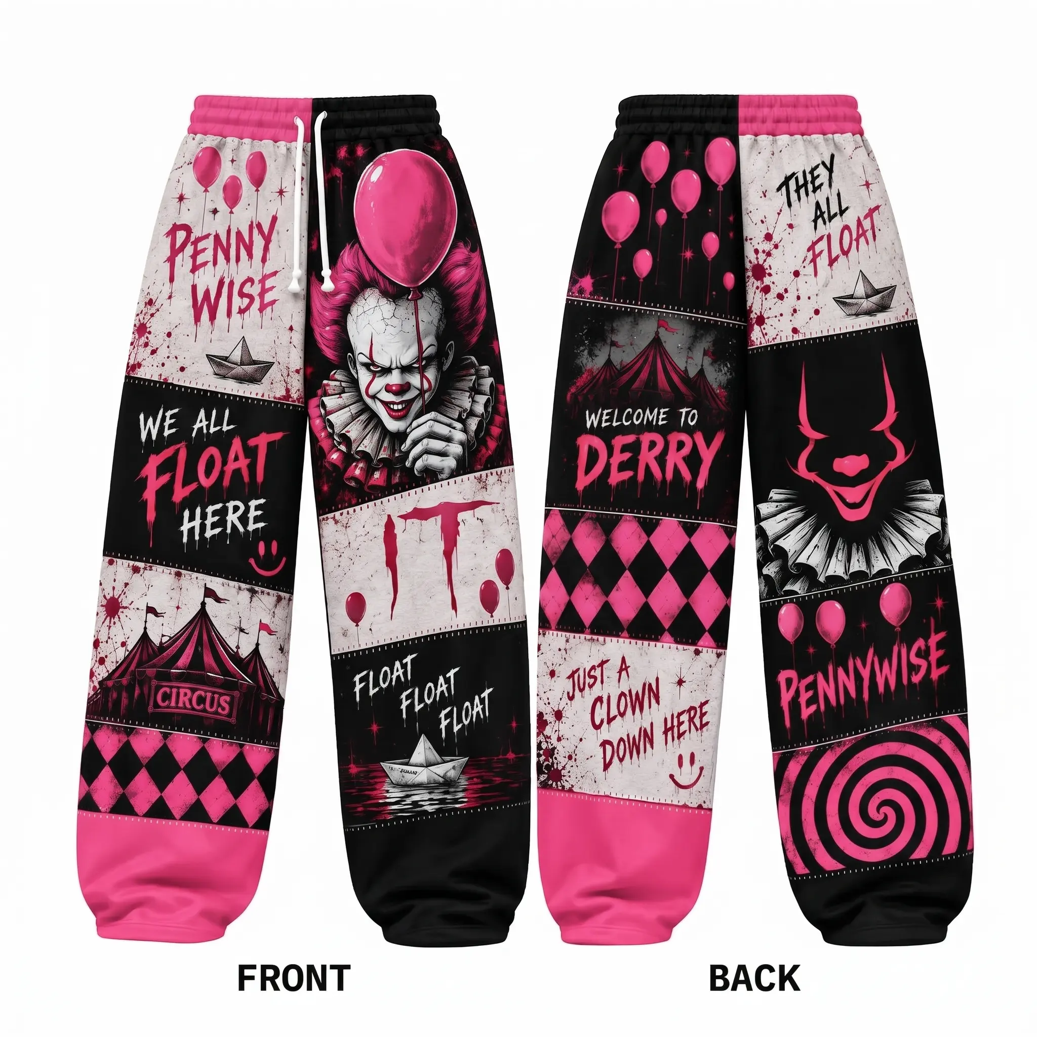 Horror Carnival Patchwork Sweatpants, Loose Fit & Cuffed Jogger Pants, Red Black Graphic Streetwear Pants, Unisex Halloween Lounge Pants