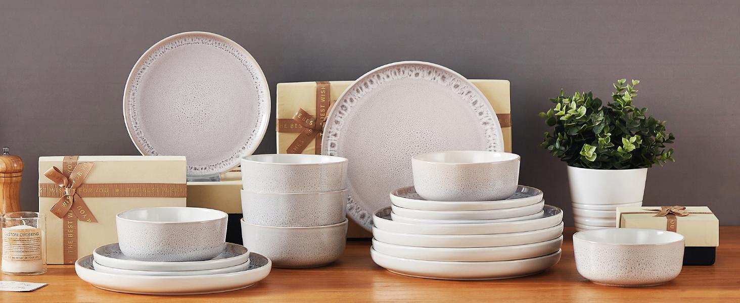 vancasso Stoneware Dinnerware Set – 16/18/24-Piece Plates and Bowls Set for 4/6, Reactive Glaze Mediterranean Style Crockery, Chip-Resistant, Dishwasher & Microwave Safe