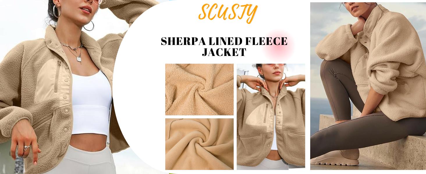 SCUSTY Women's Sherpa Lined Fleece Jacket Winter Warm Cropped Outerwear with Pockets