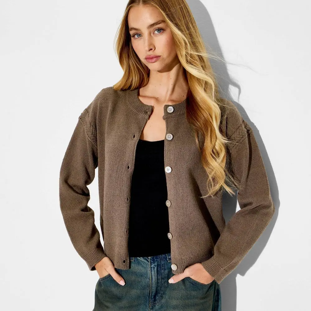 Women's Crewneck Cable Trim Long-Sleeve Jersey Fabric Ribbed Garment Cardigan - Wild Fable