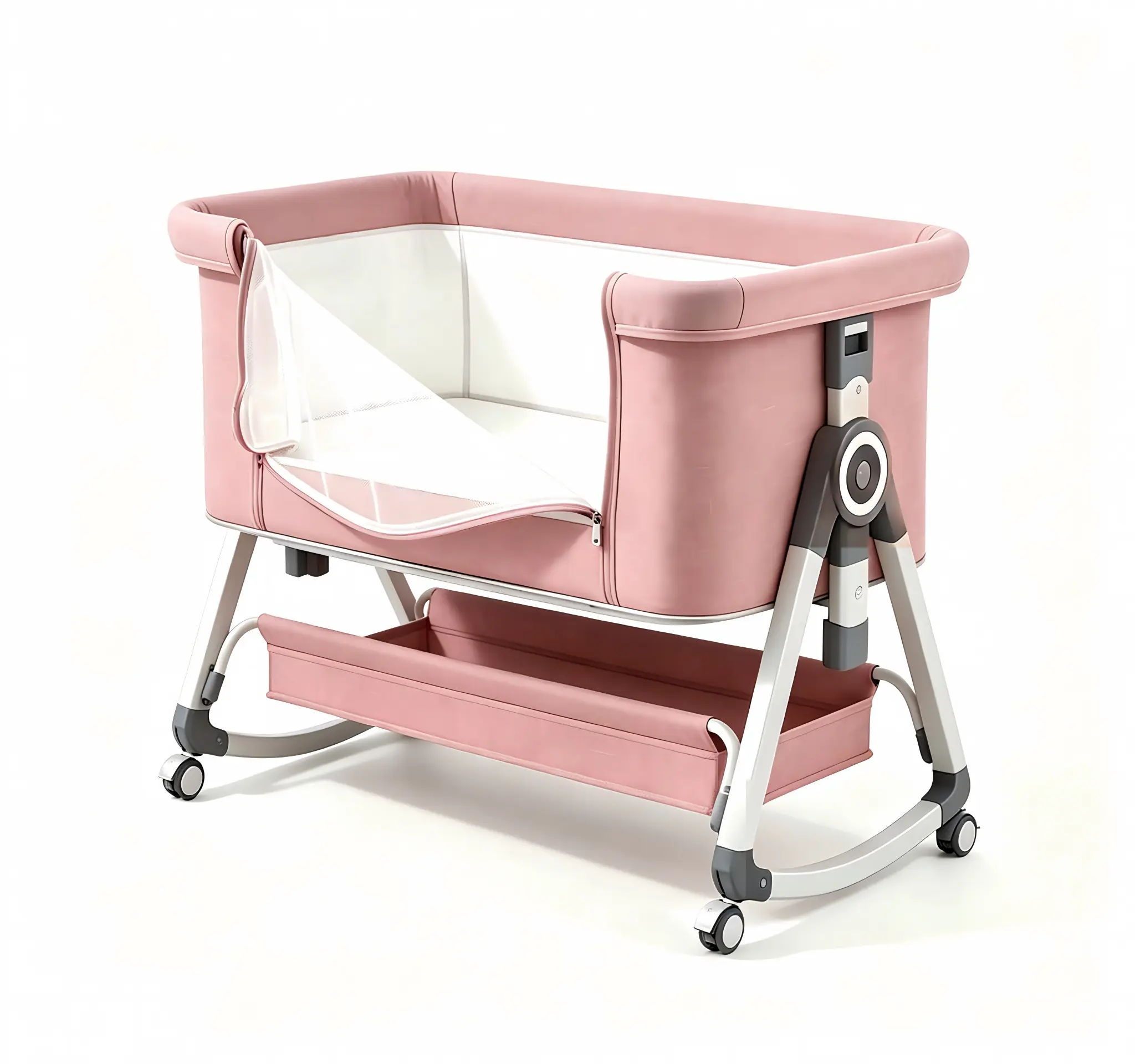 Pink 6-Height Adjustable Bedside Sleeper Baby Crib, 2-in-1 Rocking Bassinet with Roll-Down Side Mesh, Anti-Reflux Incline, Storage Basket, Silent Lockable Wheels, Portable Foldable Newborn Bed for Infant