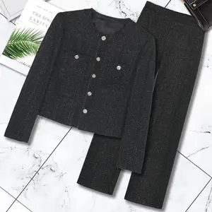 Fashionable high-end temperament black women's clothing 2026 Spring and Autumn new style socialite jacket slim fit suit pants set