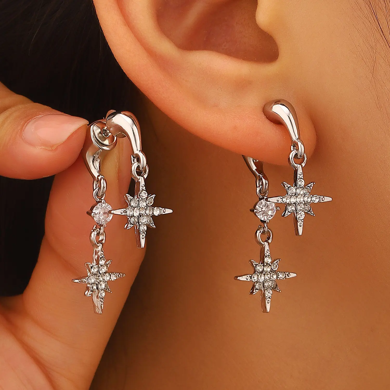 Convertible Drop Earrings for Women, Dainty Celestial North Star Dangle Studs with Micro-Paved CZ, 2-in-1 Jewelry for Evening Parties, Bling Effect, Dangling, Convertible Design, Daily, Dainty Build, Date Night Party