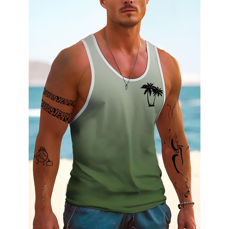 Men'S Hawaiian-Style Tropical Beach Gradient Coconut Tree 3D Print Sleeveless Tank Top - Fitness, Vacation, Home & Outdoor Sportswear, Adult, Hanzunpin Brand, Summer Casual Wear, Beach Wear |   Tropical Print Top |   Comfortable Fit, Beach Wear