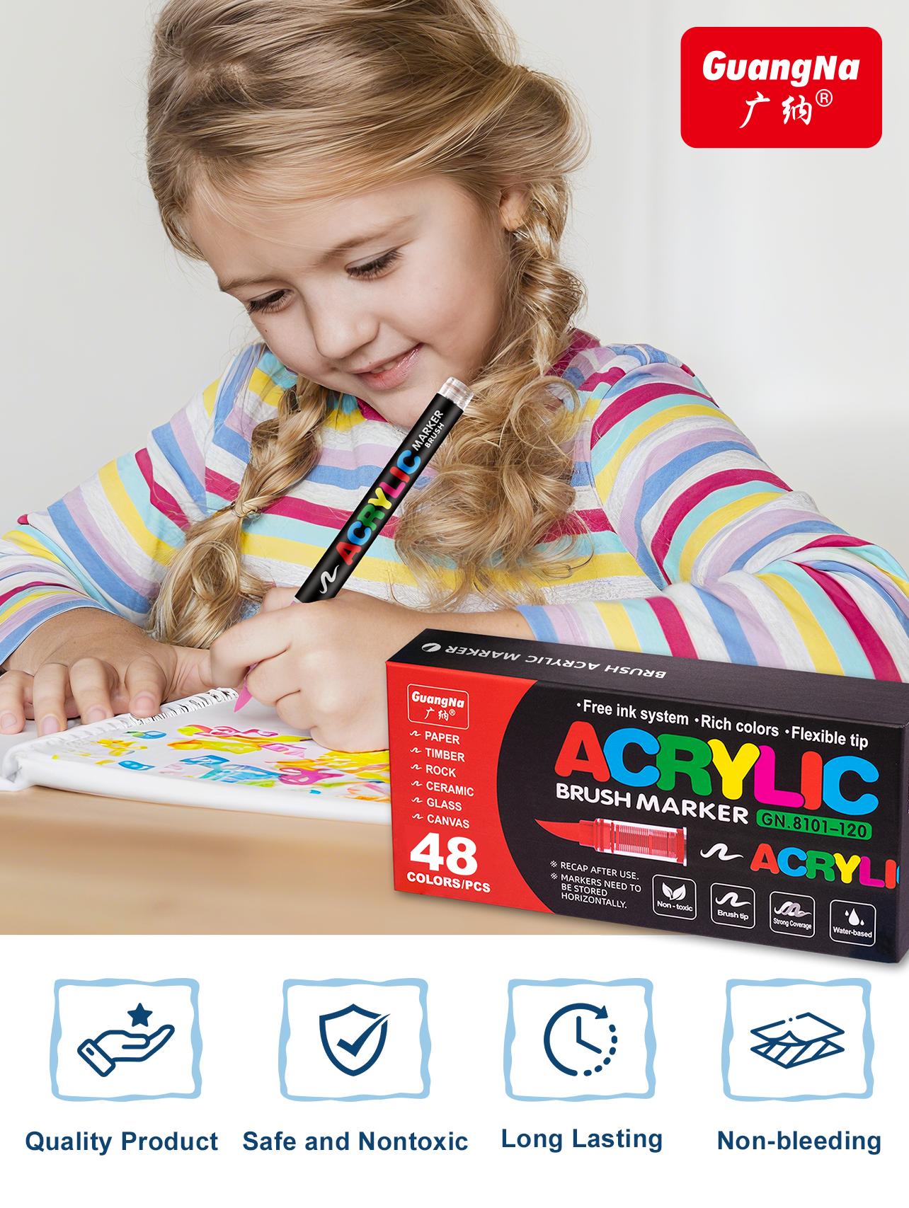 GuangNa 120/240/360 Acrylic Markers with Elastic Brush Tip Quick-Drying Waterproof Ink for Rock Wood Ceramic Glass Canvas Plastic Metal Art Crafts Supplies Gift