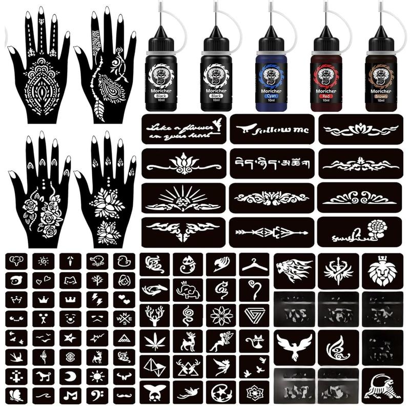 Moricher Temporary Tattoo Kits Henna kit 5 Inks 96 Stencils Cosmetic Grade for Women Men Kids DIY Art Painting Party Gifts