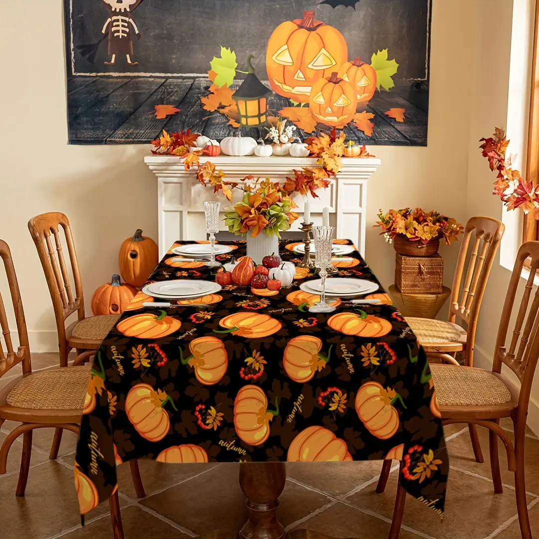 Thanksgiving Fall Tablecloth with Maple Leaf Pumpkin Design, Vibrant Autumn Decor for Indoor Outdoor Use, Perfect for Home Kitchen Dining Parties