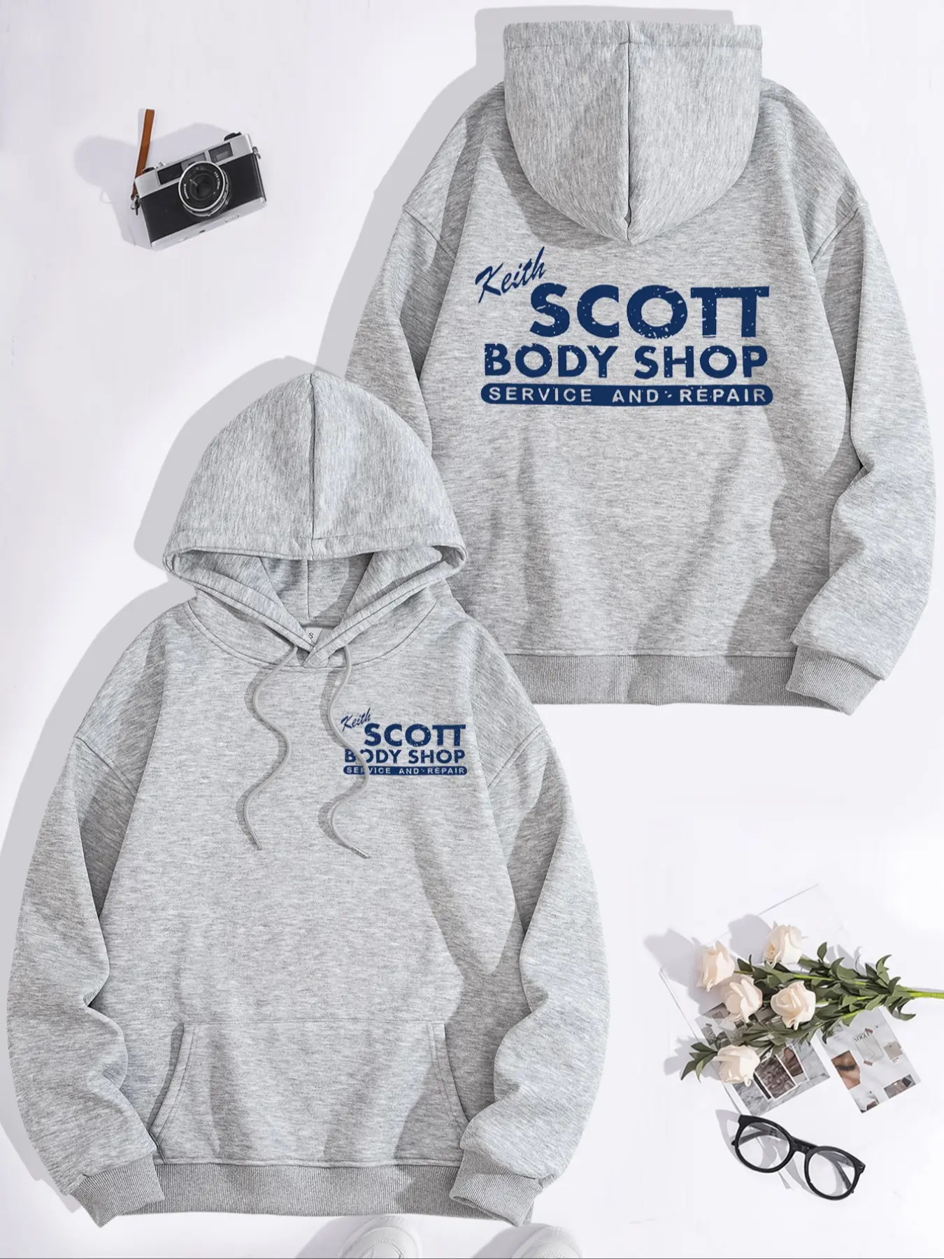Women's Casual Keith Scott Hoodie Sweatshirt with Car Repair Graphic, Long Sleeve, Fleece Lined, Ribbed, Thick, Front Pocket, Fall & Winter Wear, Casual Hooded Sweatshirts