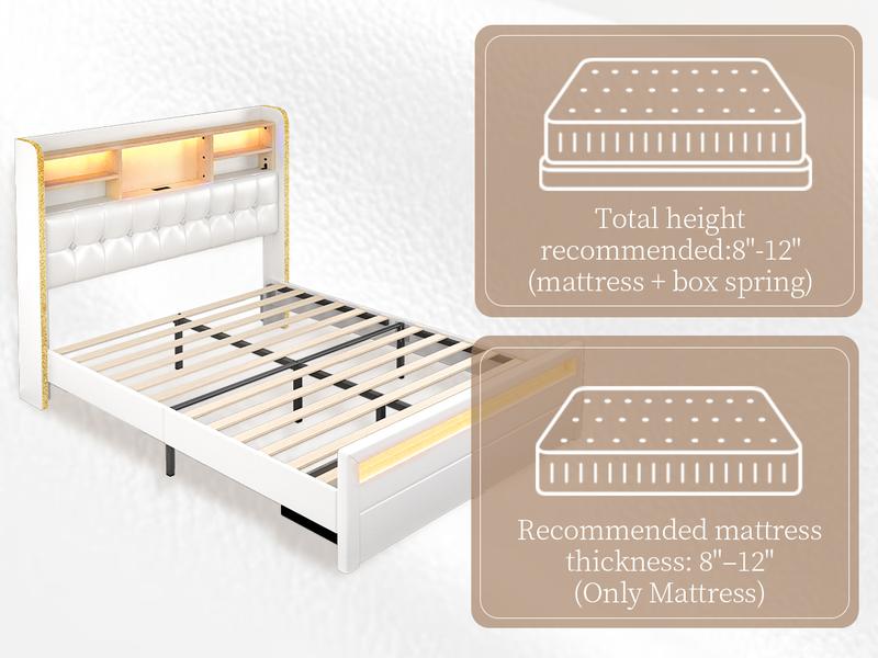 California King Bed Frame with Bookcase Storage Headboard and 2 Drawers, 52" Ultra-High LED Bedframe with Charging Station, Linen Upholstered Crystal Button Tufted Wingback Beds with Footboard,Black/White/Cream/Gray