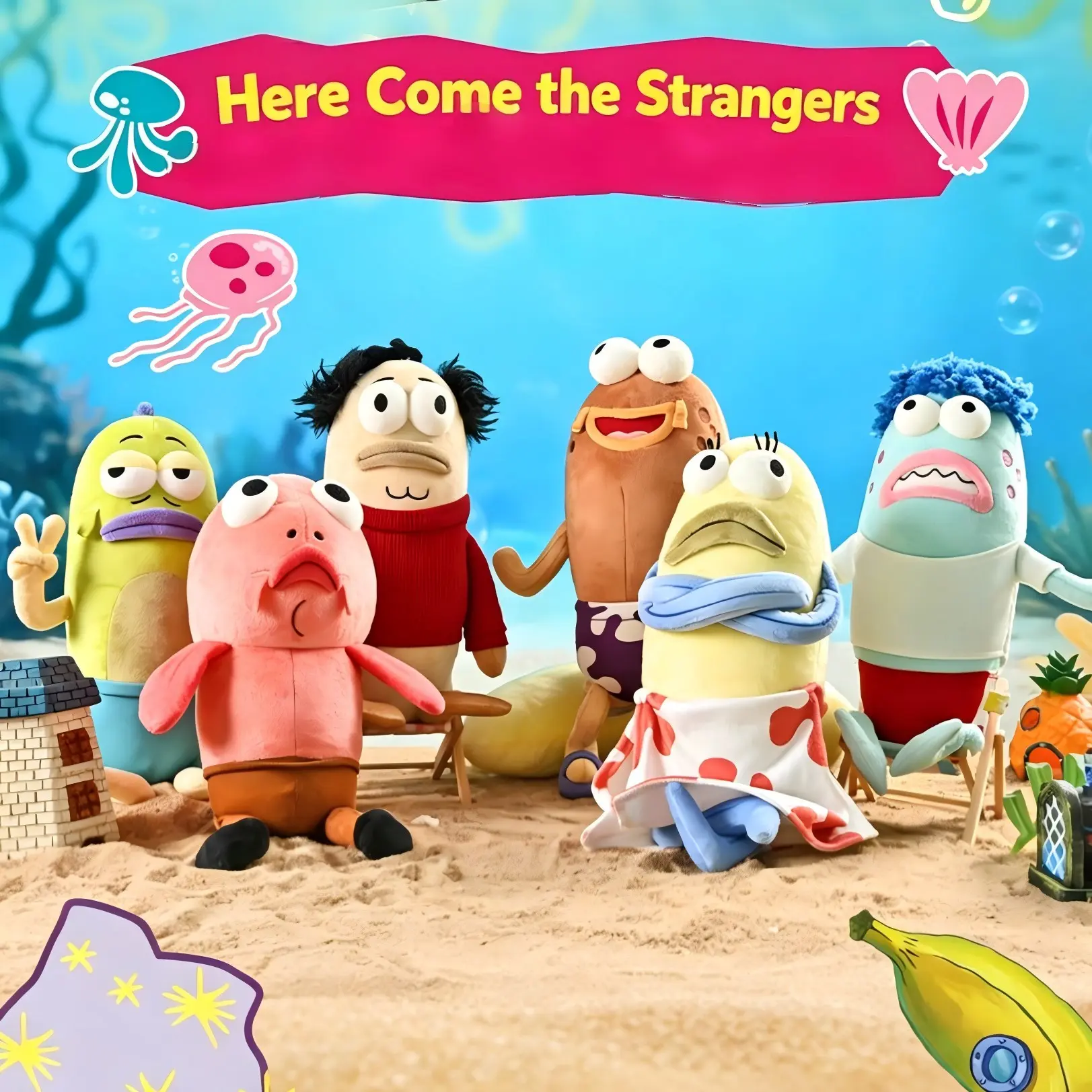MINISO SpongeBob Series Bikini Bottom Residents Balding Fish Stuffed Toy - 35cm/13.78in Soft Huggable Polyester Plush Doll, Playful Nervous Abstract & Cute Novelty Gift for Friends, Christmas, Bikini Bottom Fish Design